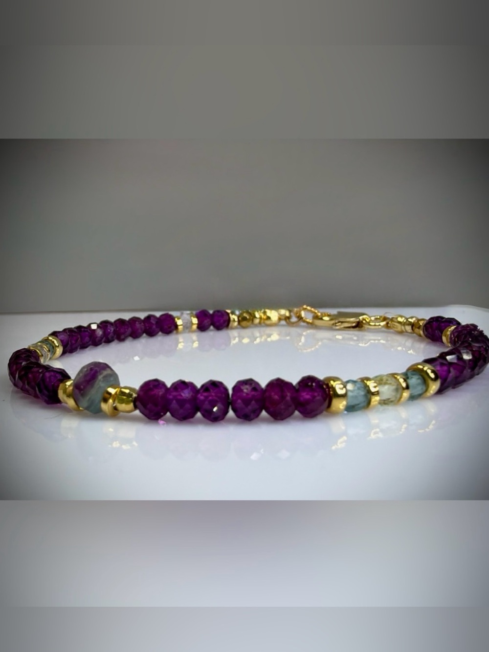 💜ONE OF A KIND💜
Deep Purple Garnet & Fluorite Focal Bracelet in 18k Gold FiIl - Picture 5 of 5